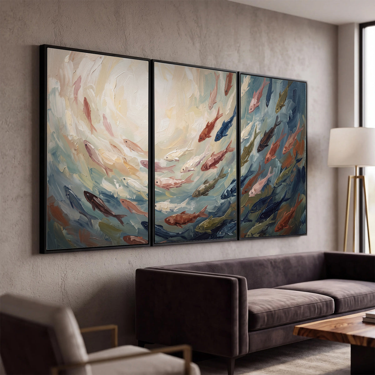 Sweeping cream, teal and rust painted-style curves 3 piece framed canvas wall art displayed in a modern living room
