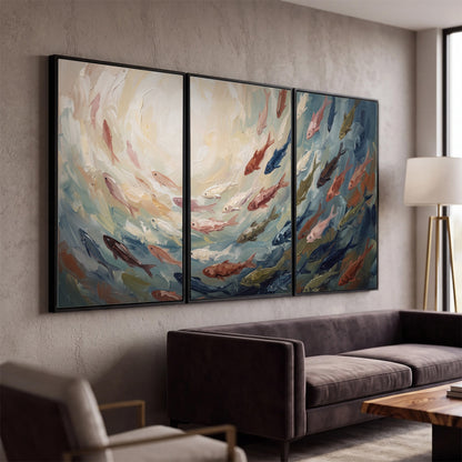 Sweeping cream, teal and rust painted-style curves 3 piece framed canvas wall art displayed in a modern living room