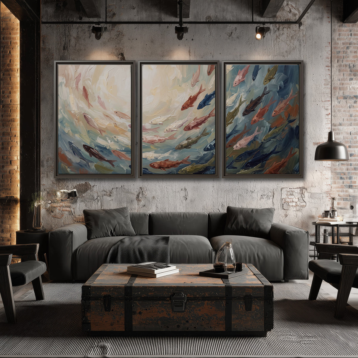 Sweeping cream, teal and rust painted-style curves 3 piece framed canvas wall art displayed in a industrial room