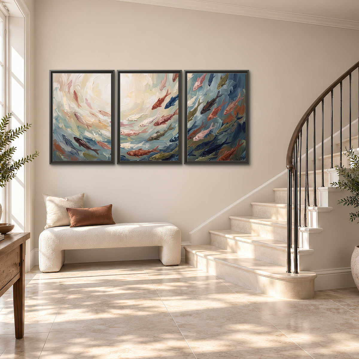 Sweeping cream, teal and rust painted-style curves 3 piece framed canvas wall art styled in an interior