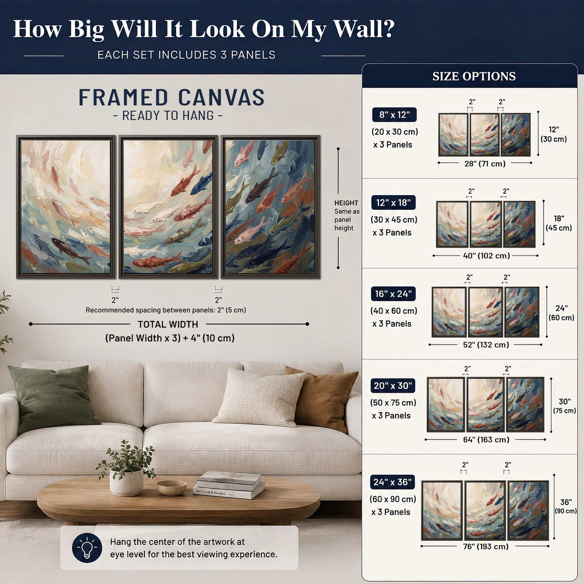 Sweeping cream, teal and rust painted-style curves 3 piece framed canvas wall art size guide above a sofa; room view is illustrative
