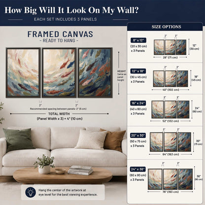 Sweeping cream, teal and rust painted-style curves 3 piece framed canvas wall art size guide above a sofa; room view is illustrative