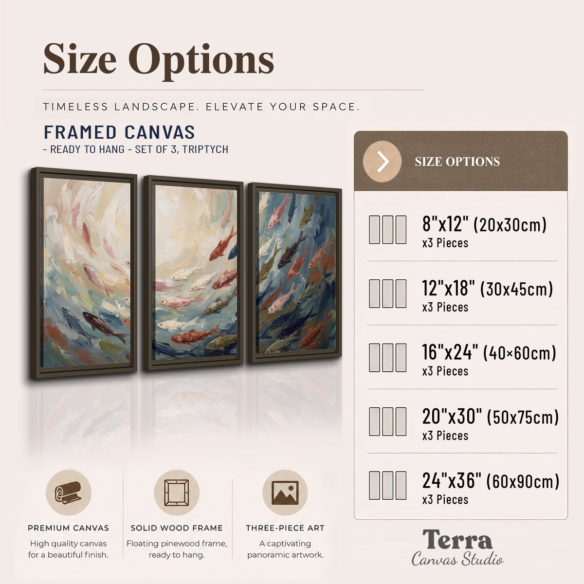 Sweeping cream, teal and rust painted-style curves 3 piece framed canvas wall art available dimensions; triptych dimensions are per panel