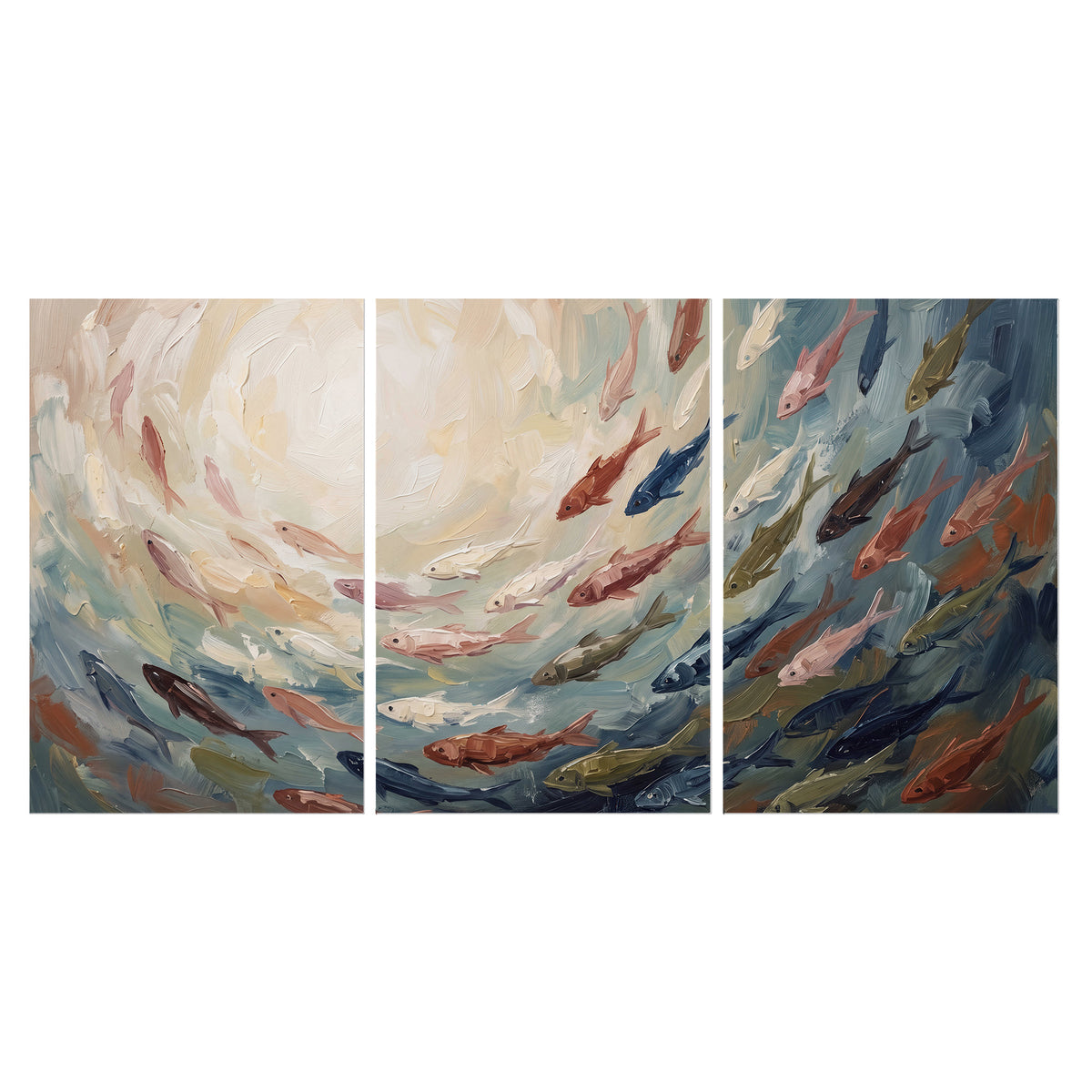 Sweeping cream, teal and rust painted-style curves set of 3 poster prints viewed straight on