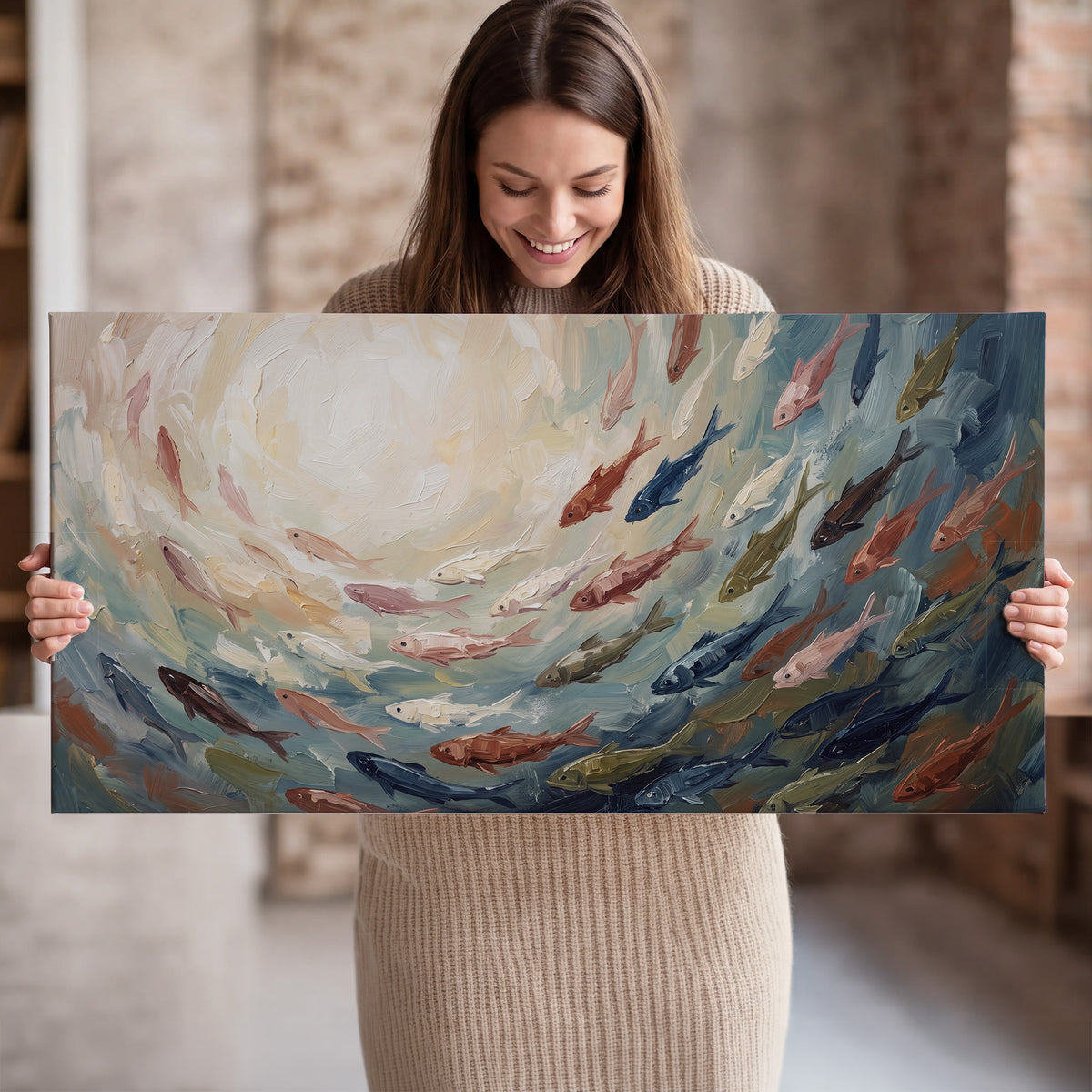 Sweeping cream, teal and rust painted-style curves single canvas wall art held in hands