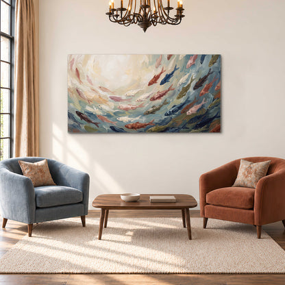 Sweeping cream, teal and rust painted-style curves single canvas wall art styled in an interior