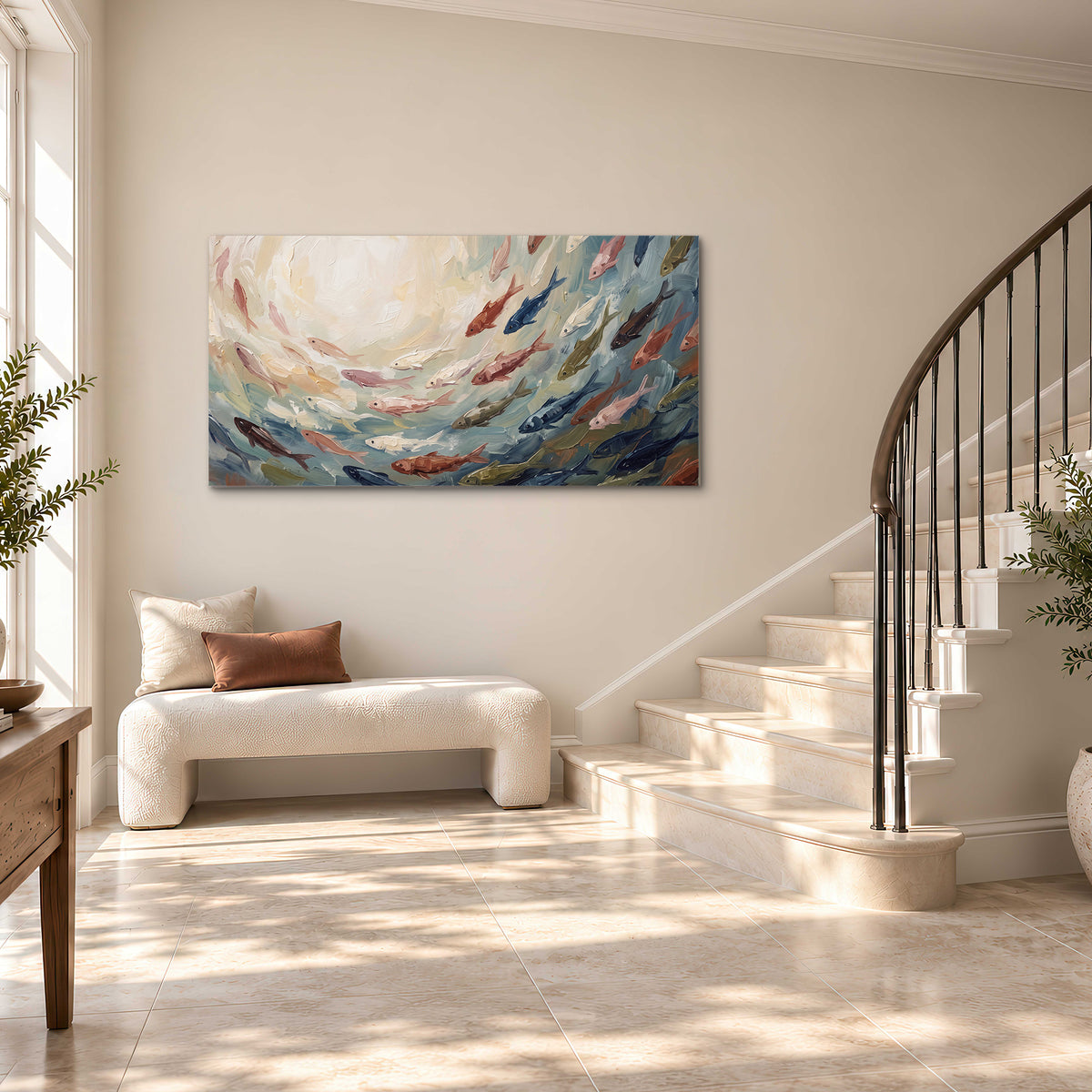Sweeping cream, teal and rust painted-style curves single canvas wall art styled in an interior