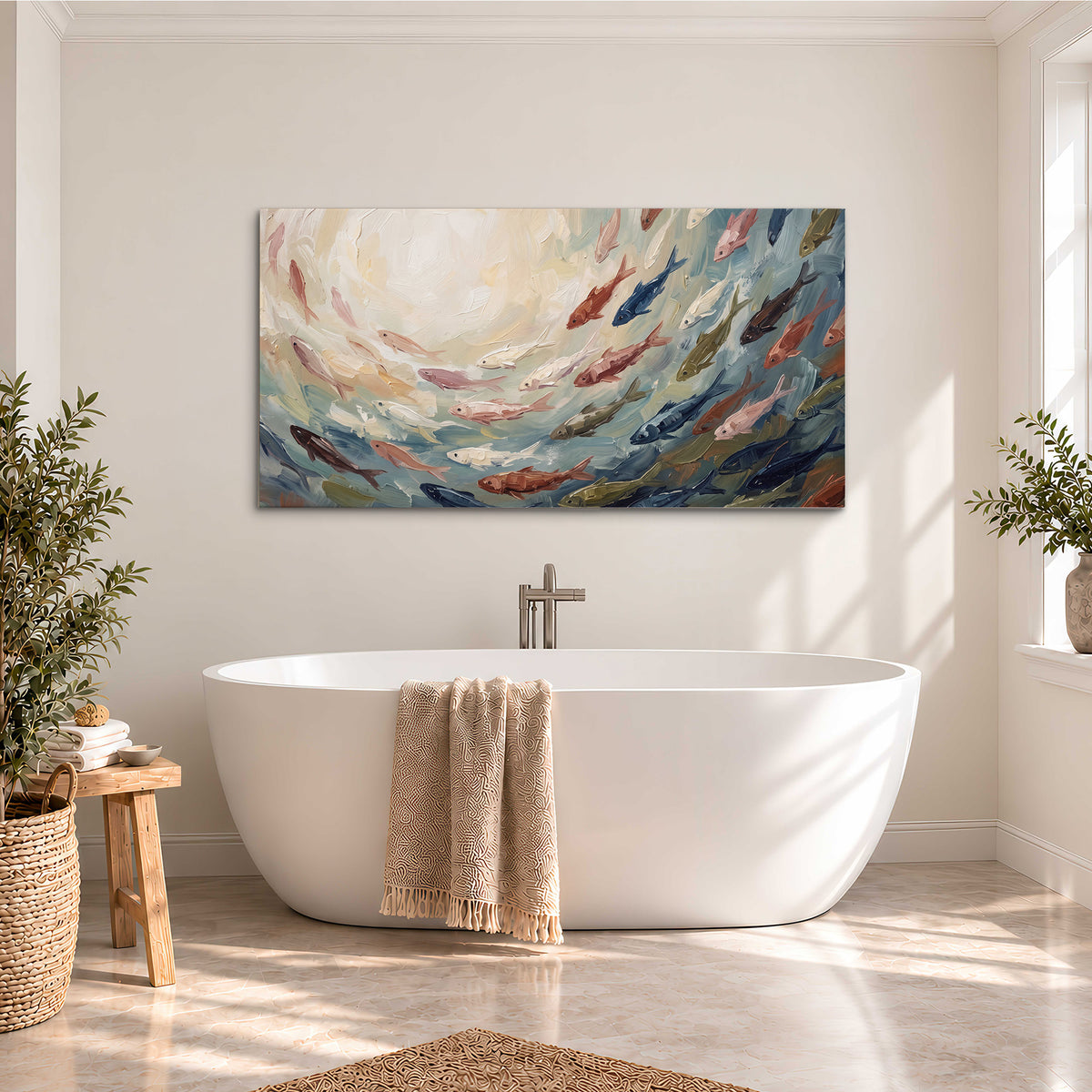 Sweeping cream, teal and rust painted-style curves single canvas wall art styled in an interior