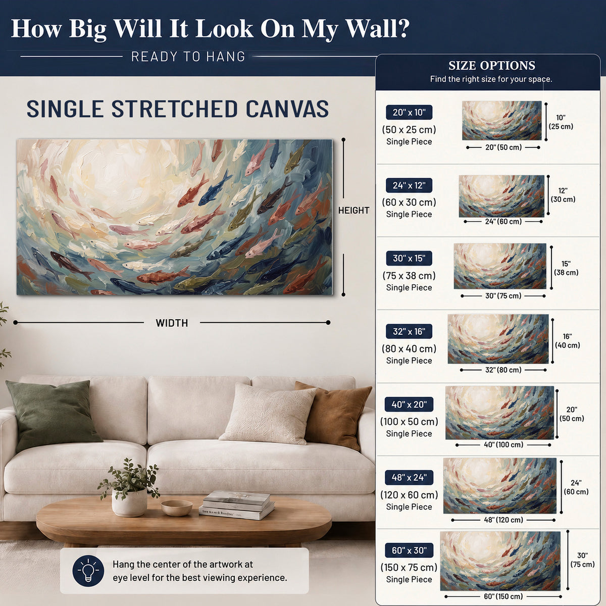 Sweeping cream, teal and rust painted-style curves single canvas wall art size guide above a sofa; room view is illustrative