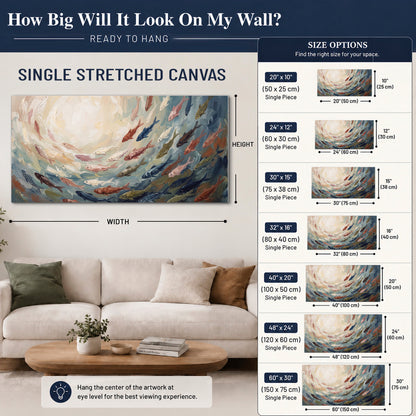 Sweeping cream, teal and rust painted-style curves single canvas wall art size guide above a sofa; room view is illustrative