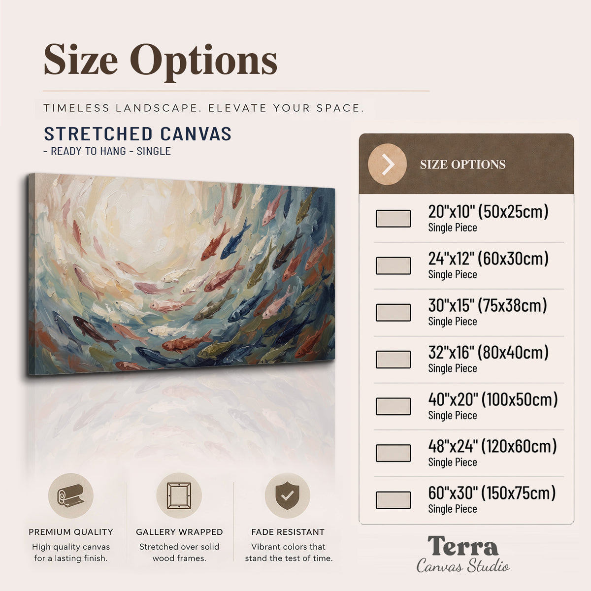 Sweeping cream, teal and rust painted-style curves single canvas wall art available dimensions