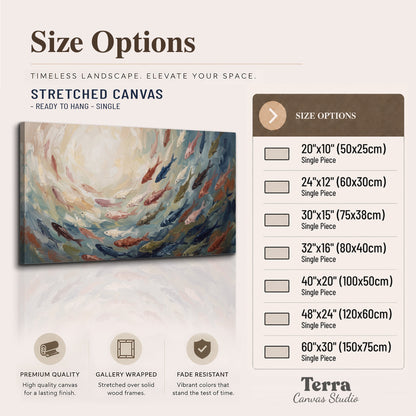 Sweeping cream, teal and rust painted-style curves single canvas wall art available dimensions