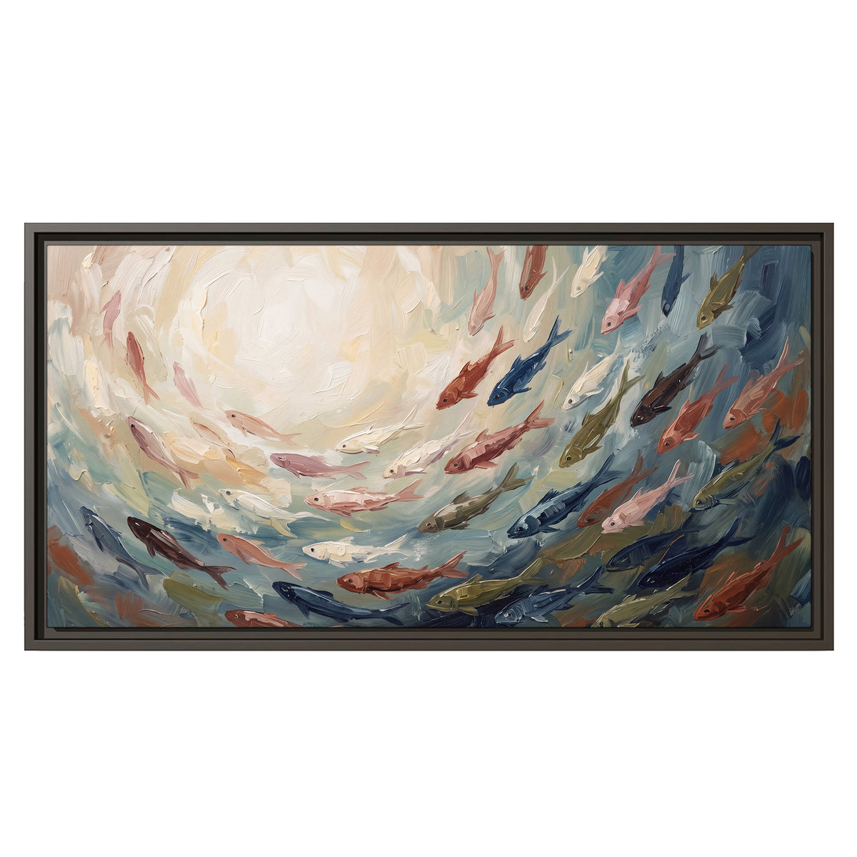 Sweeping cream, teal and rust painted-style curves single framed canvas wall art viewed straight on