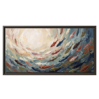 Sweeping cream, teal and rust painted-style curves single framed canvas wall art viewed straight on