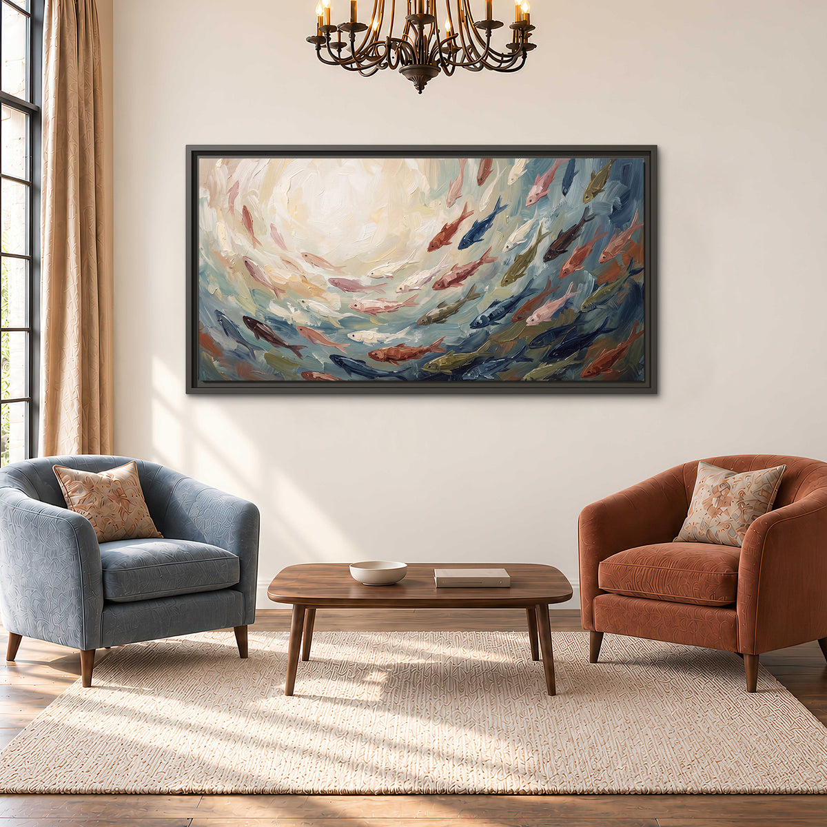 Sweeping cream, teal and rust painted-style curves single framed canvas wall art styled in an interior
