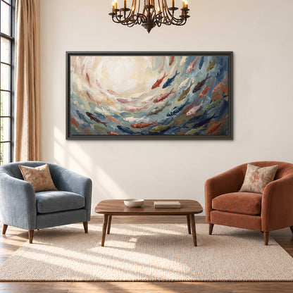 Sweeping cream, teal and rust painted-style curves single framed canvas wall art styled in an interior