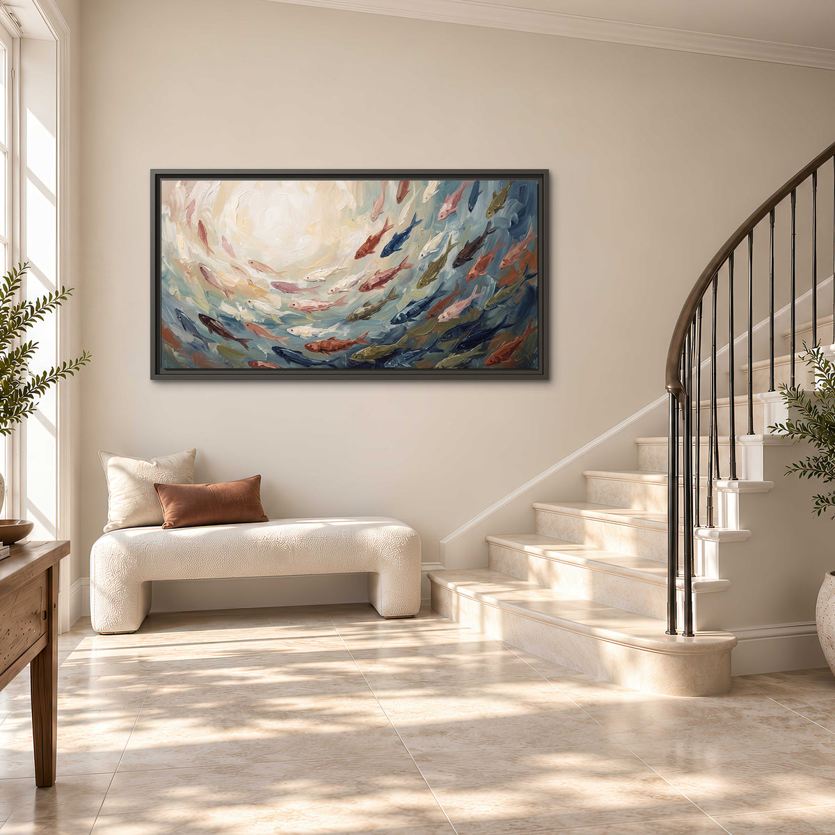 Sweeping cream, teal and rust painted-style curves single framed canvas wall art styled in an interior