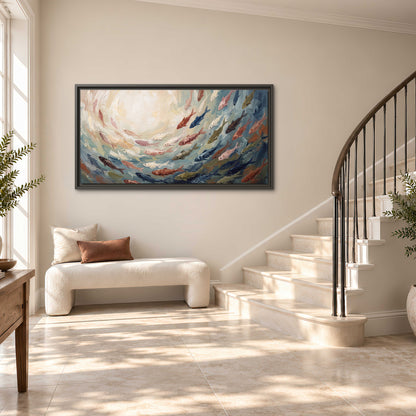Sweeping cream, teal and rust painted-style curves single framed canvas wall art styled in an interior