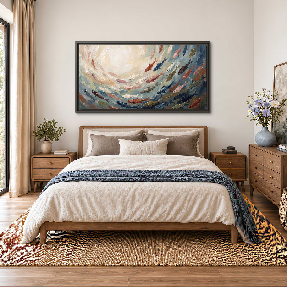Sweeping cream, teal and rust painted-style curves single framed canvas wall art styled in an interior