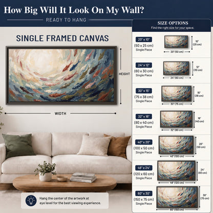 Sweeping cream, teal and rust painted-style curves single framed canvas wall art size guide above a sofa; room view is illustrative
