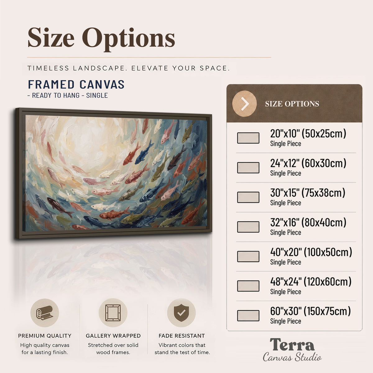 Sweeping cream, teal and rust painted-style curves single framed canvas wall art available dimensions