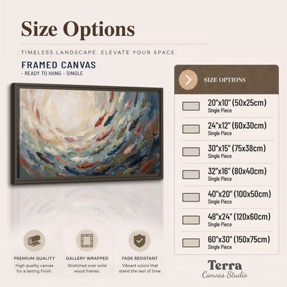 Sweeping cream, teal and rust painted-style curves single framed canvas wall art available dimensions