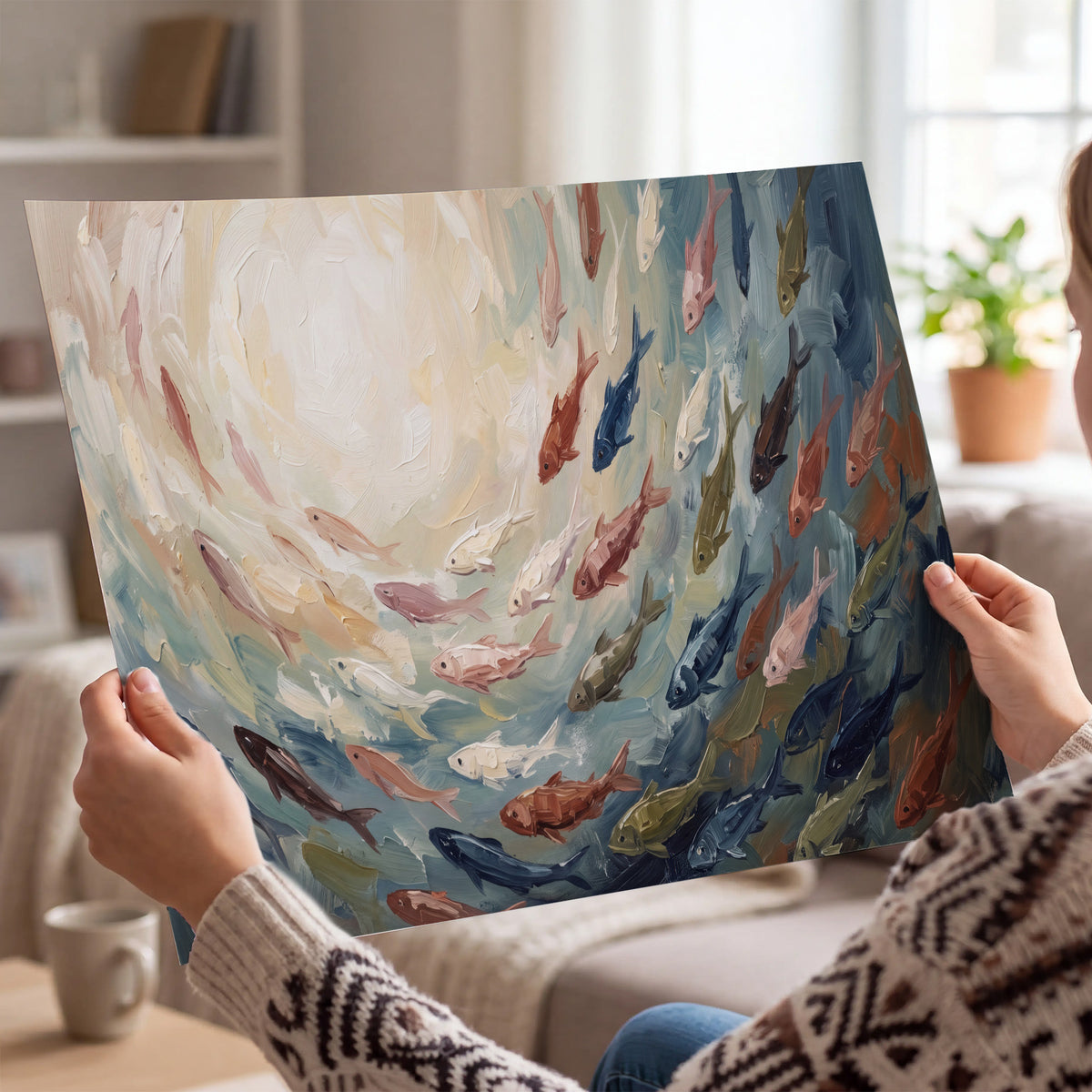 Sweeping cream, teal and rust painted-style curves single poster print held in hands