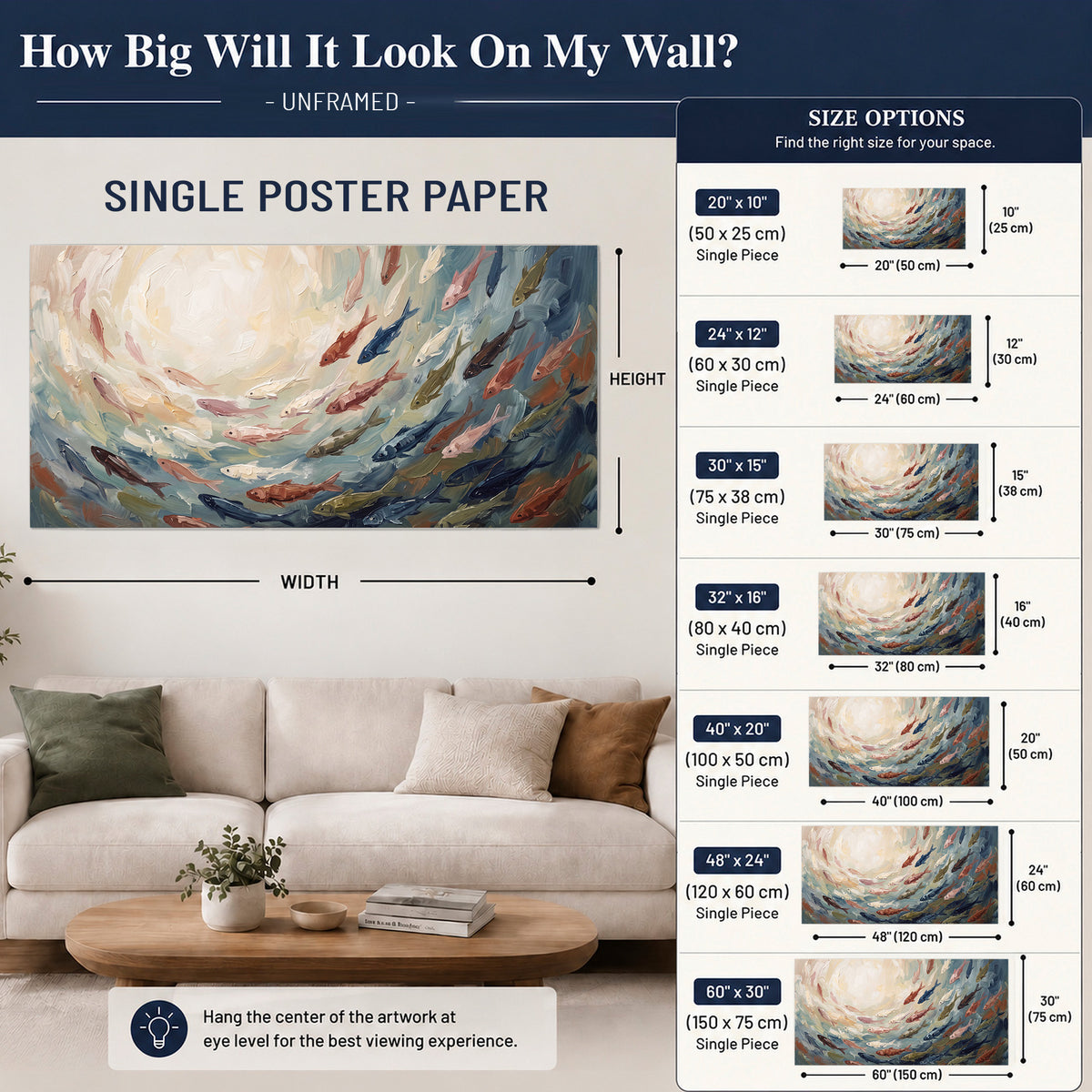 Sweeping cream, teal and rust painted-style curves single poster print size guide above a sofa; room view is illustrative