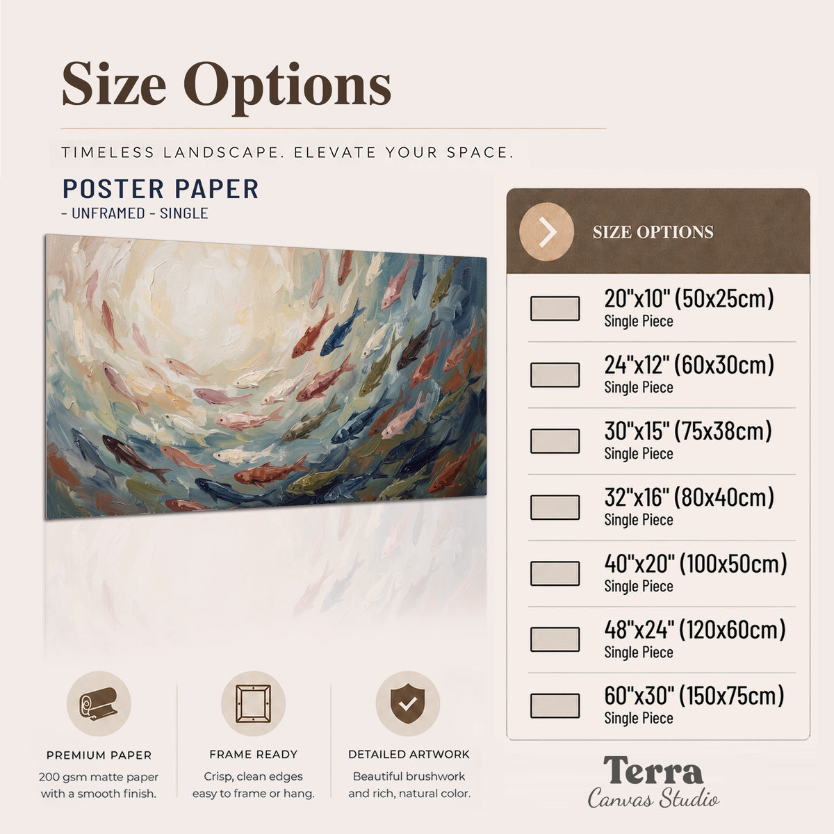 Sweeping cream, teal and rust painted-style curves single poster print available dimensions