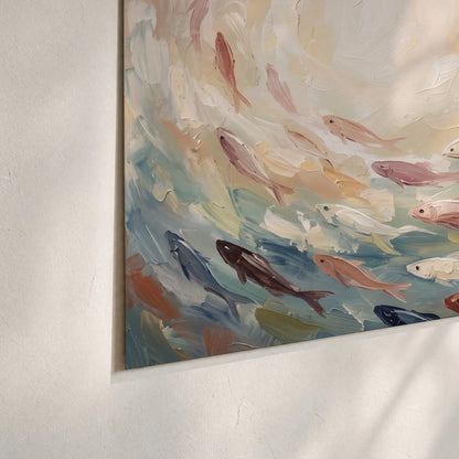 Sweeping cream, teal and rust painted-style curves set of 3 poster prints material and edge close up