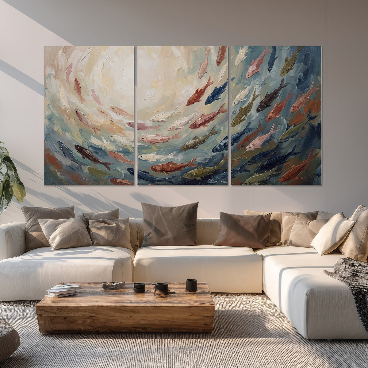 Sweeping cream, teal and rust painted-style curves set of 3 poster prints displayed in a living room