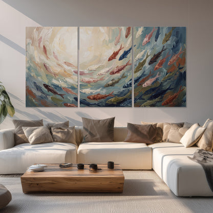Sweeping cream, teal and rust painted-style curves set of 3 poster prints displayed in a living room