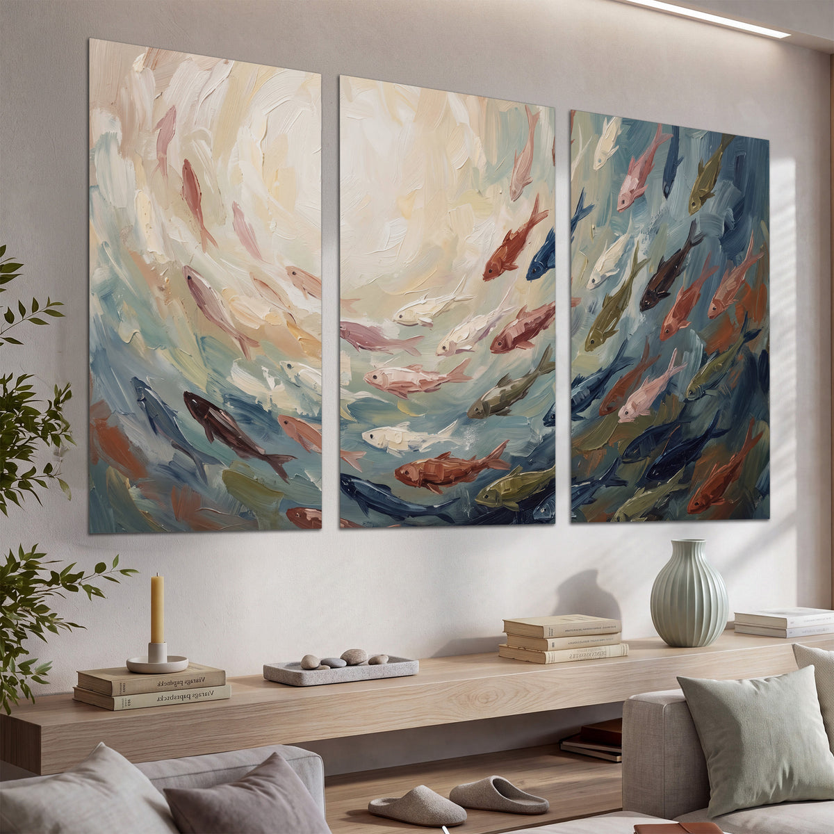 Sweeping cream, teal and rust painted-style curves set of 3 poster prints displayed in a console