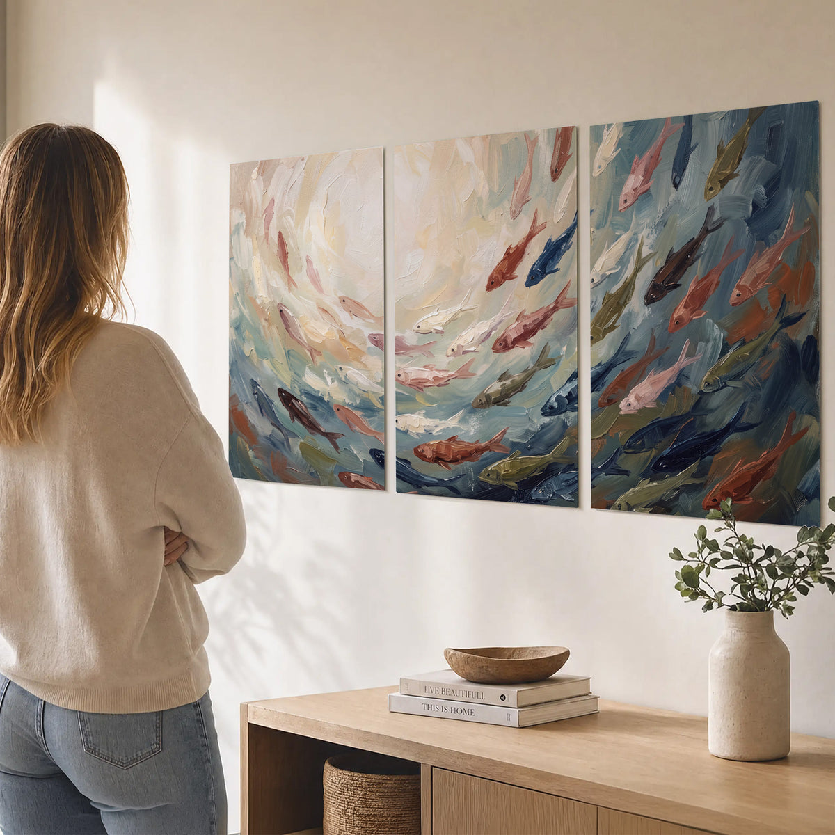 Sweeping cream, teal and rust painted-style curves set of 3 poster prints three panel arrangement on a wall