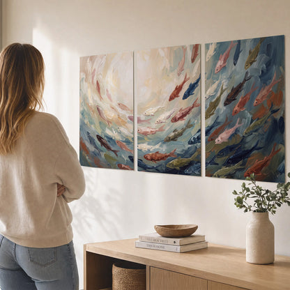 Sweeping cream, teal and rust painted-style curves set of 3 poster prints three panel arrangement on a wall