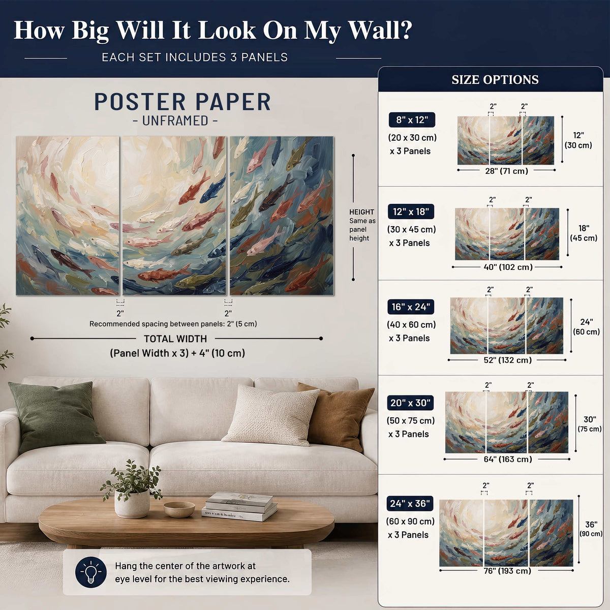 Sweeping cream, teal and rust painted-style curves set of 3 poster prints size guide above a sofa; room view is illustrative