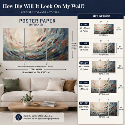 Sweeping cream, teal and rust painted-style curves set of 3 poster prints size guide above a sofa; room view is illustrative