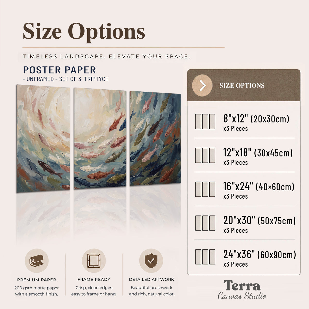 Sweeping cream, teal and rust painted-style curves set of 3 poster prints available dimensions; triptych dimensions are per panel