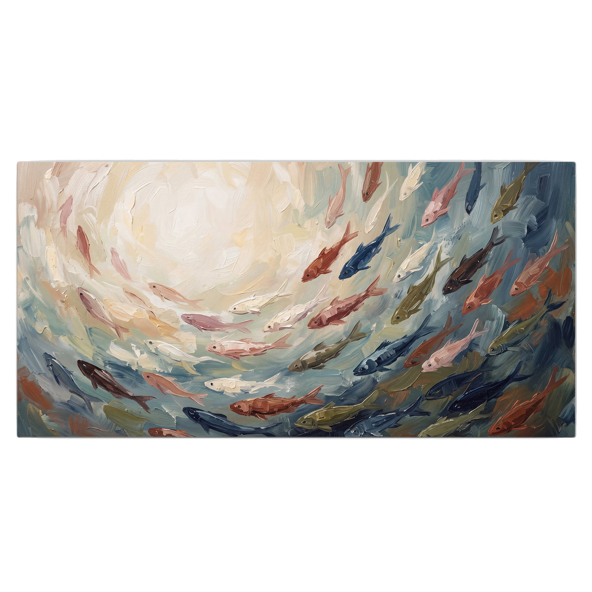 Sweeping cream, teal and rust painted-style curves single canvas wall art viewed straight on