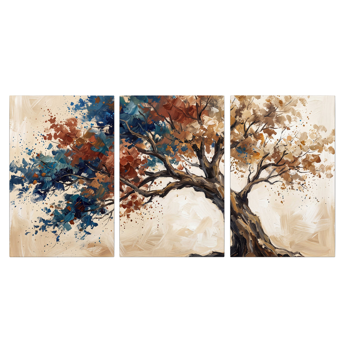 A broad tree with rust, blue and ochre foliage against warm cream 3 piece canvas wall art viewed straight on