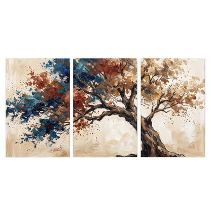 A broad tree with rust, blue and ochre foliage against warm cream 3 piece canvas wall art viewed straight on