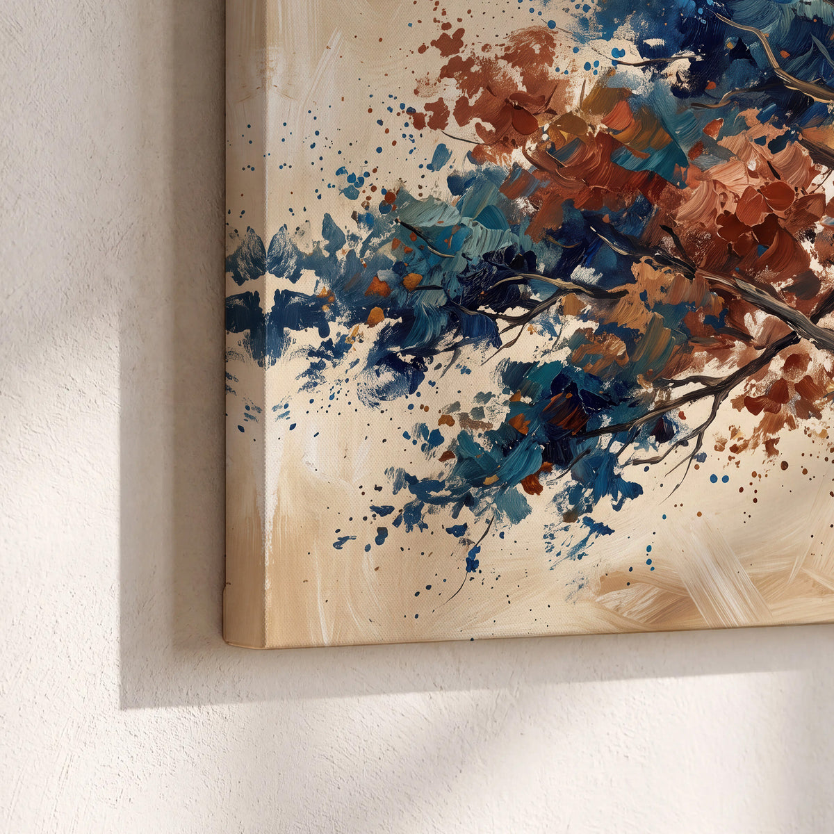 A broad tree with rust, blue and ochre foliage against warm cream 3 piece canvas wall art material and edge close up