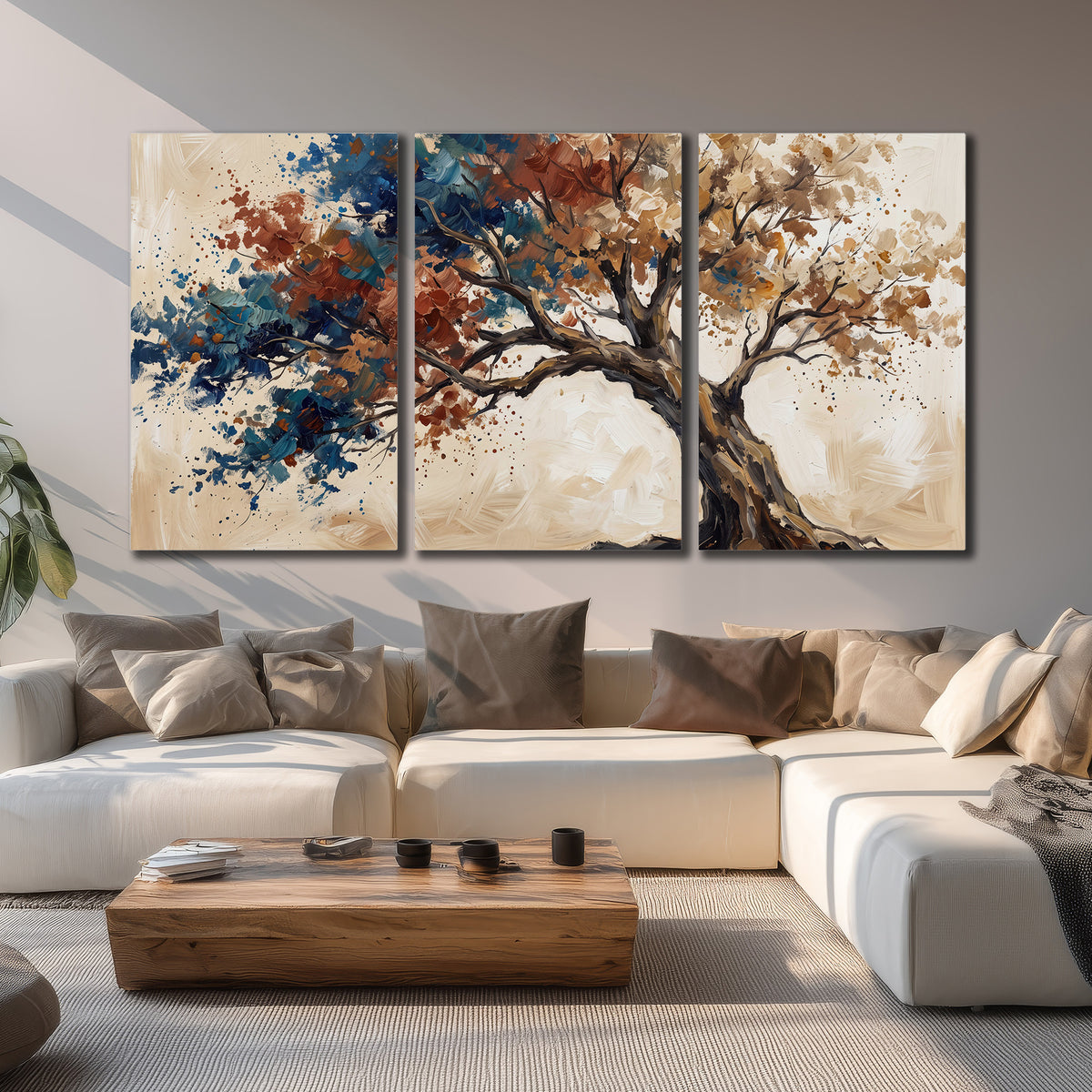 A broad tree with rust, blue and ochre foliage against warm cream 3 piece canvas wall art displayed in a living room