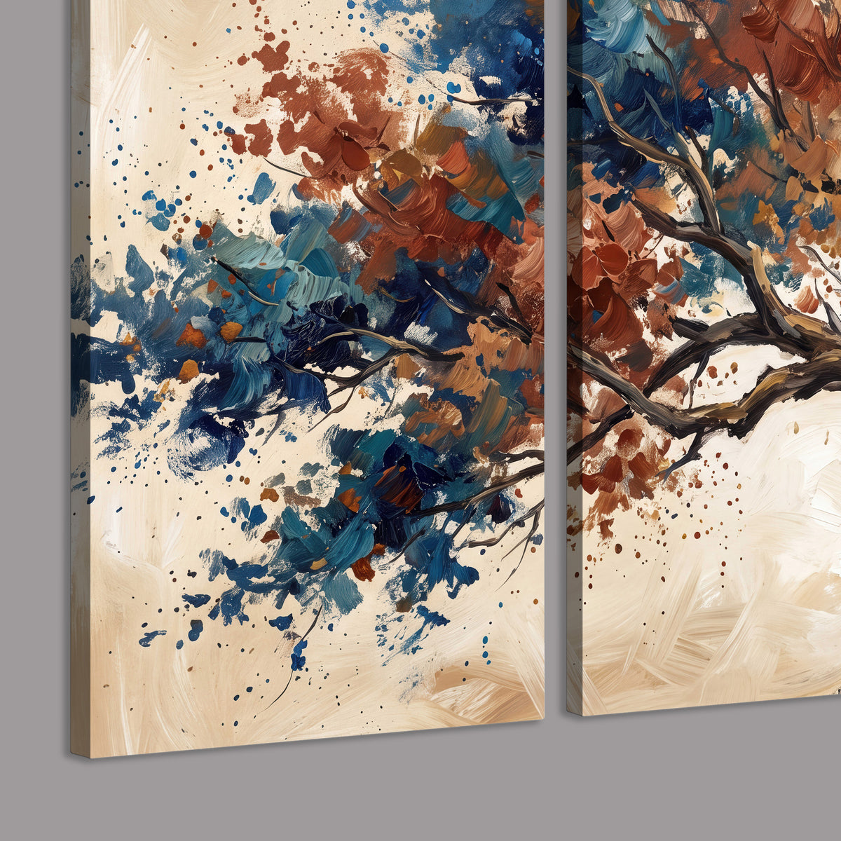 A broad tree with rust, blue and ochre foliage against warm cream 3 piece canvas wall art room and product view
