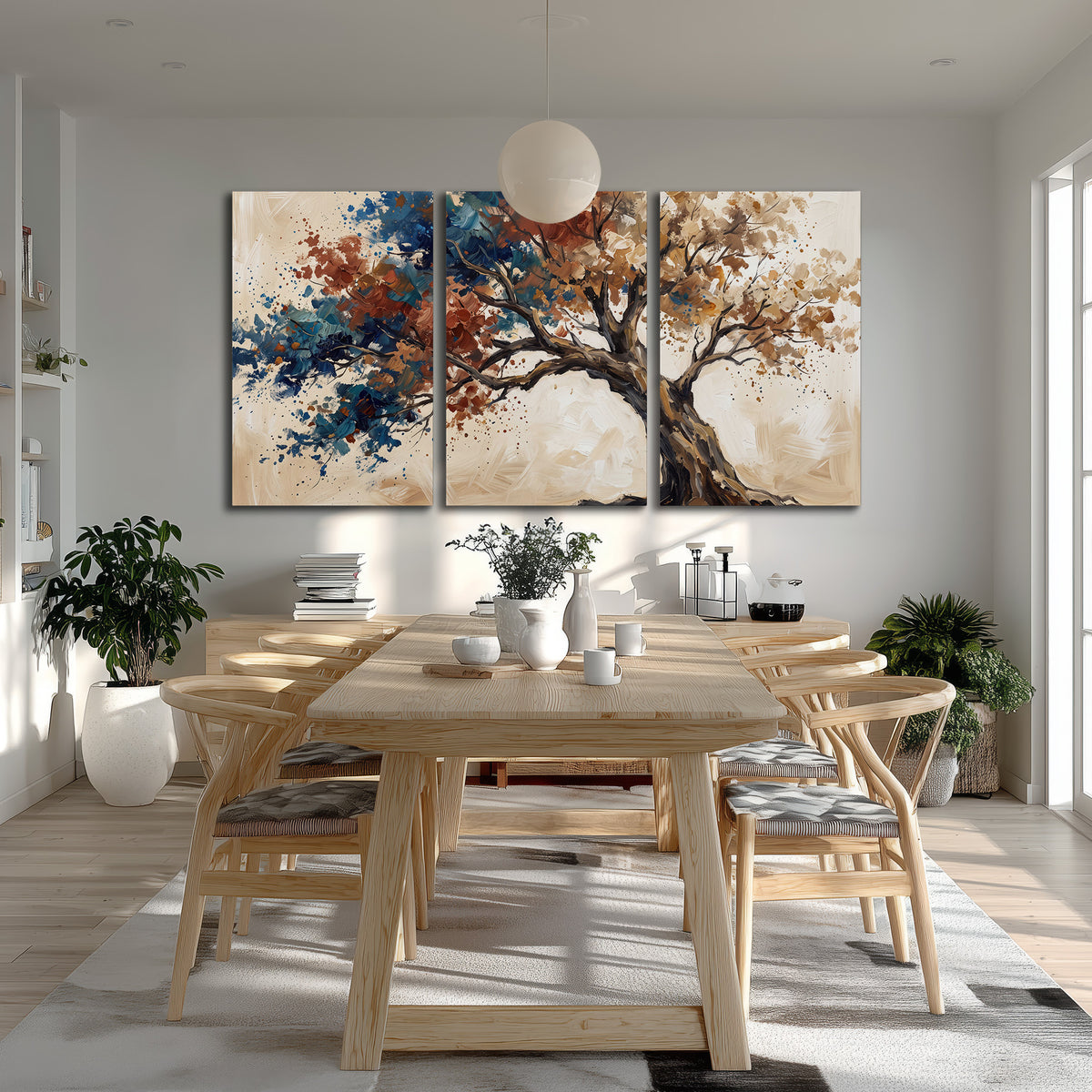 A broad tree with rust, blue and ochre foliage against warm cream 3 piece canvas wall art room and product view