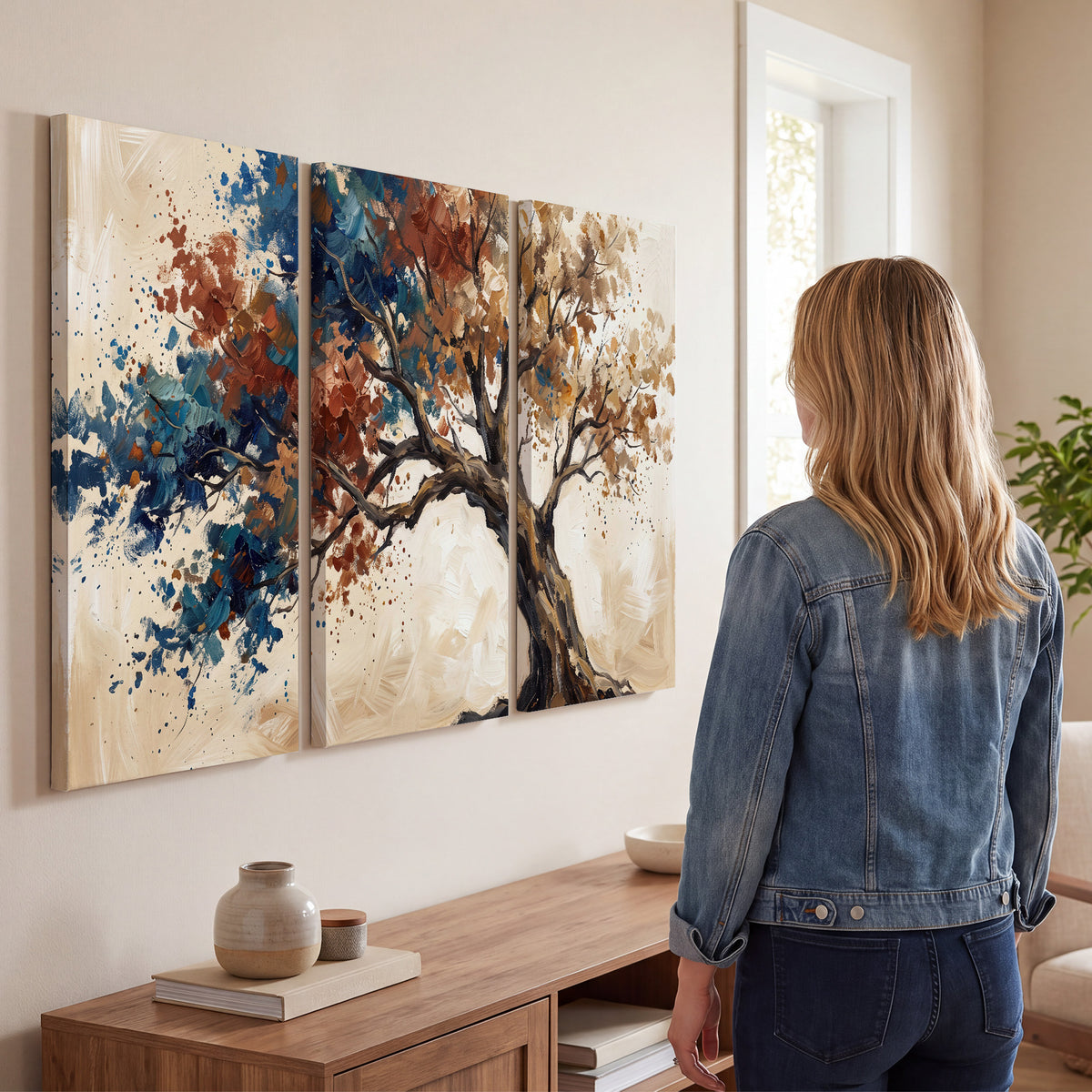 A broad tree with rust, blue and ochre foliage against warm cream 3 piece canvas wall art three panel arrangement on a wall