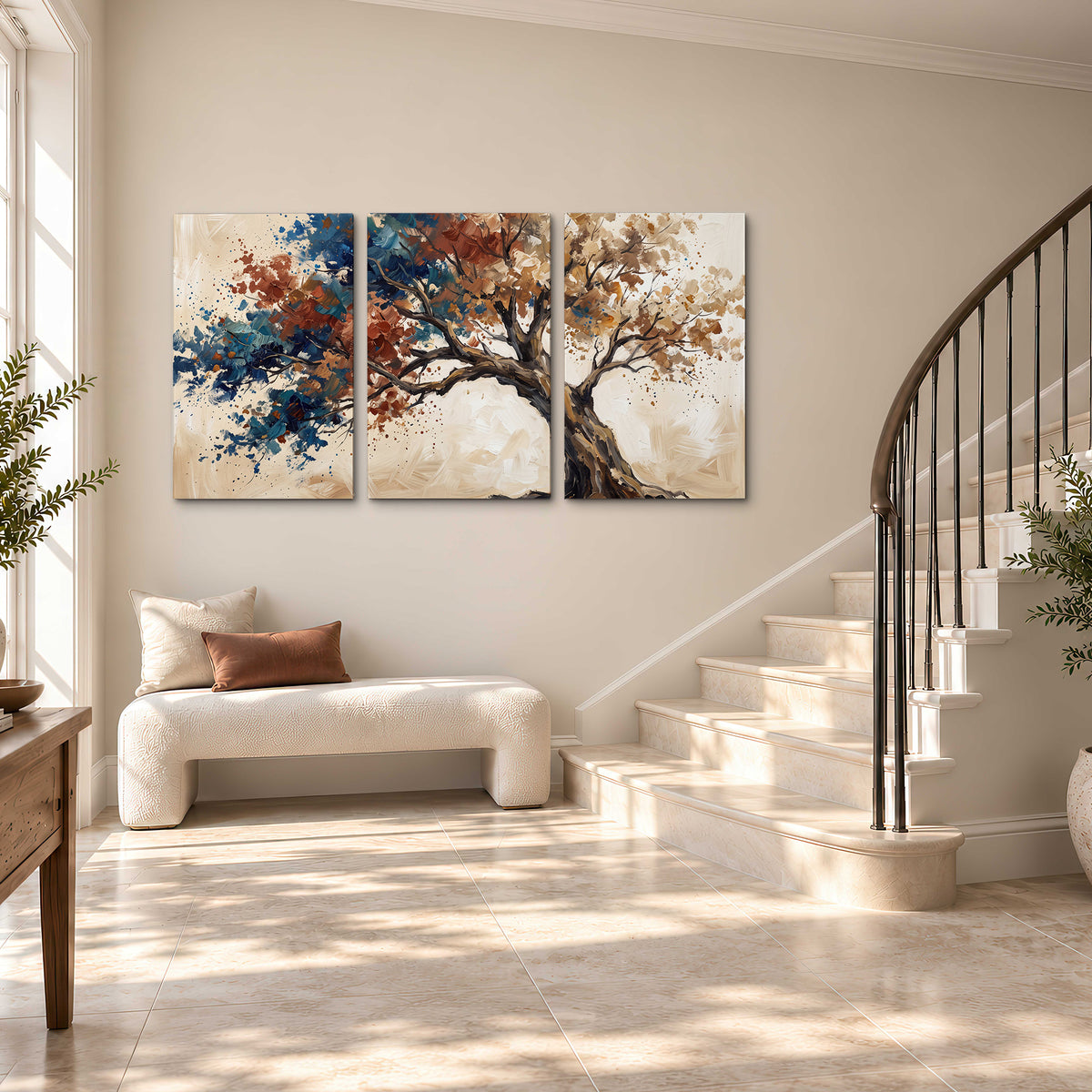A broad tree with rust, blue and ochre foliage against warm cream 3 piece canvas wall art styled in an interior