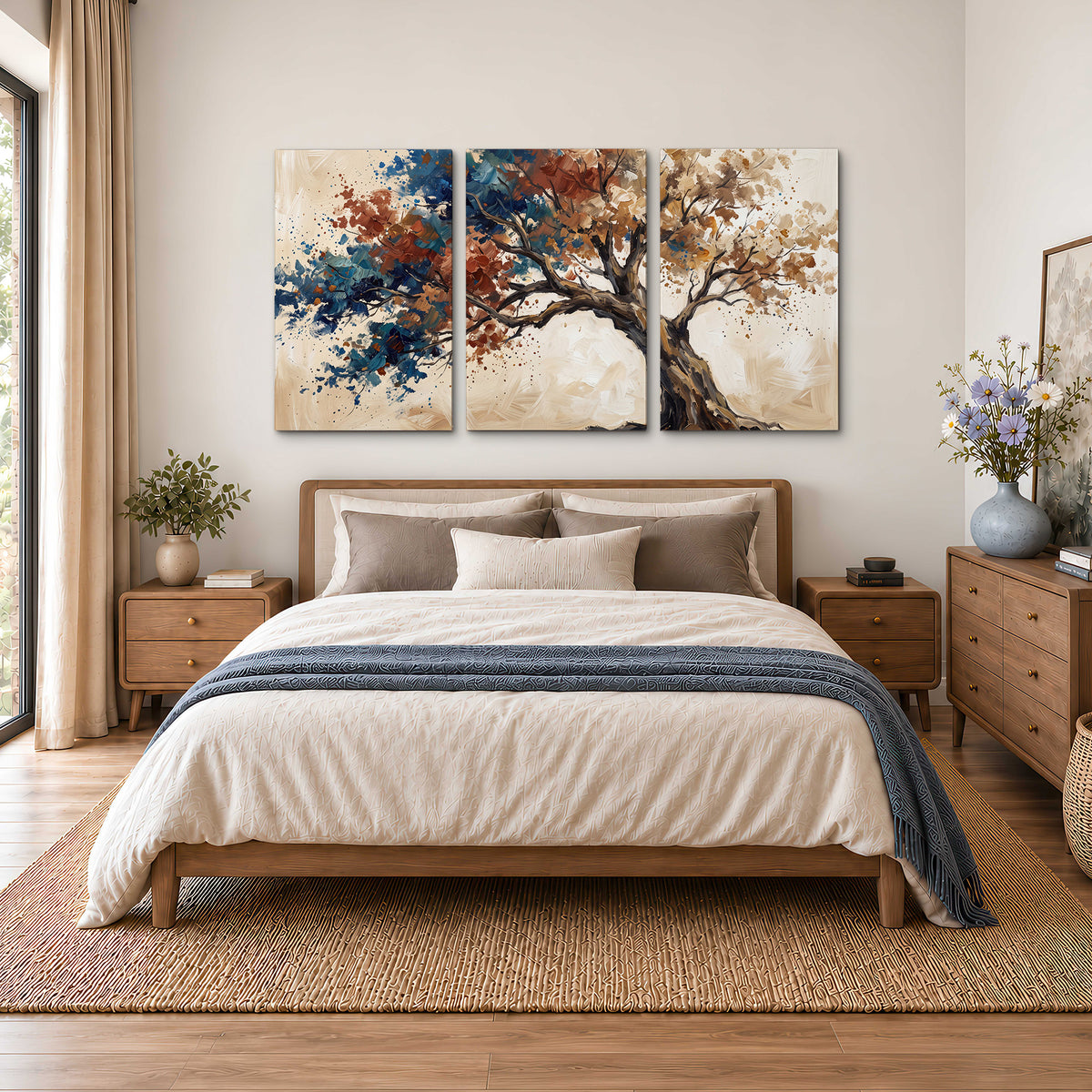 A broad tree with rust, blue and ochre foliage against warm cream 3 piece canvas wall art styled in an interior