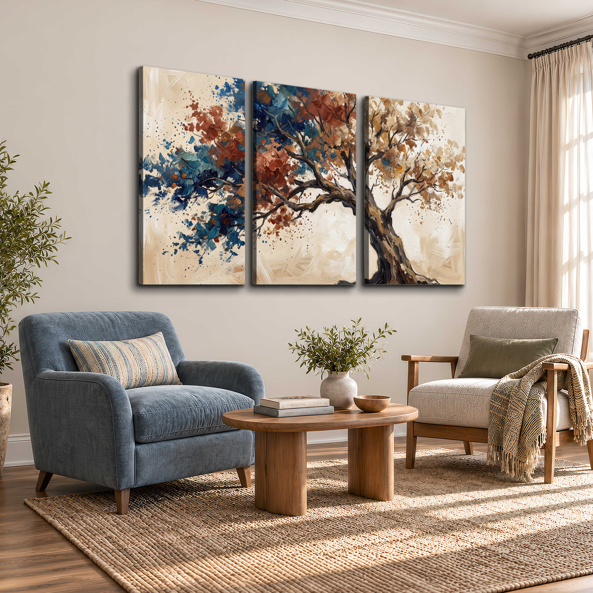 A broad tree with rust, blue and ochre foliage against warm cream 3 piece canvas wall art styled in an interior
