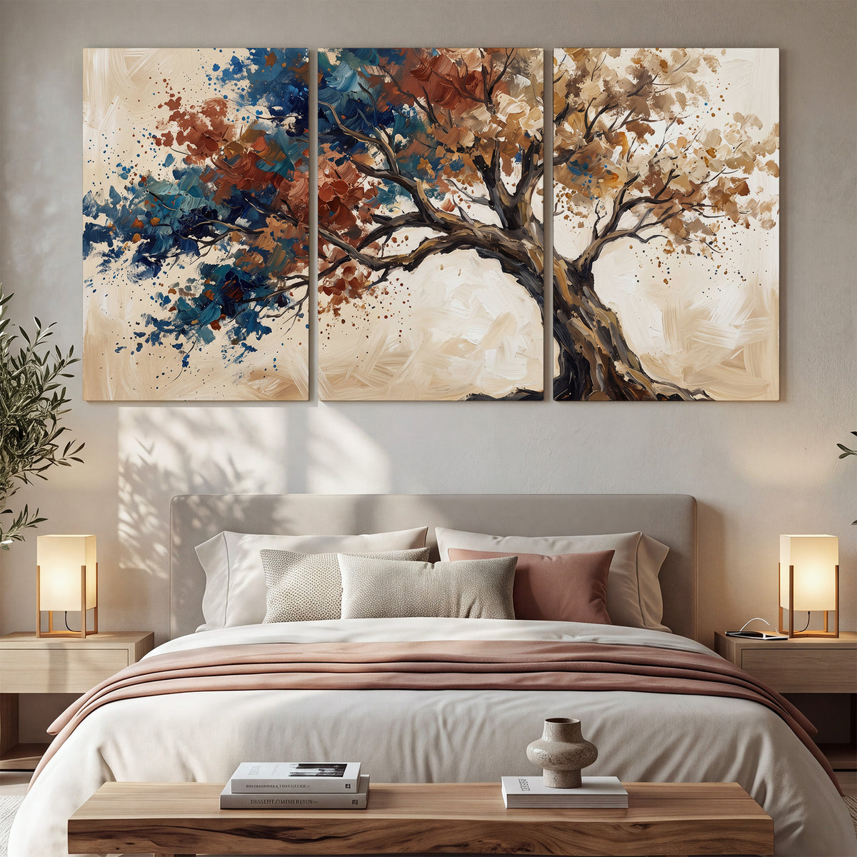 A broad tree with rust, blue and ochre foliage against warm cream 3 piece canvas wall art displayed in a bedroom